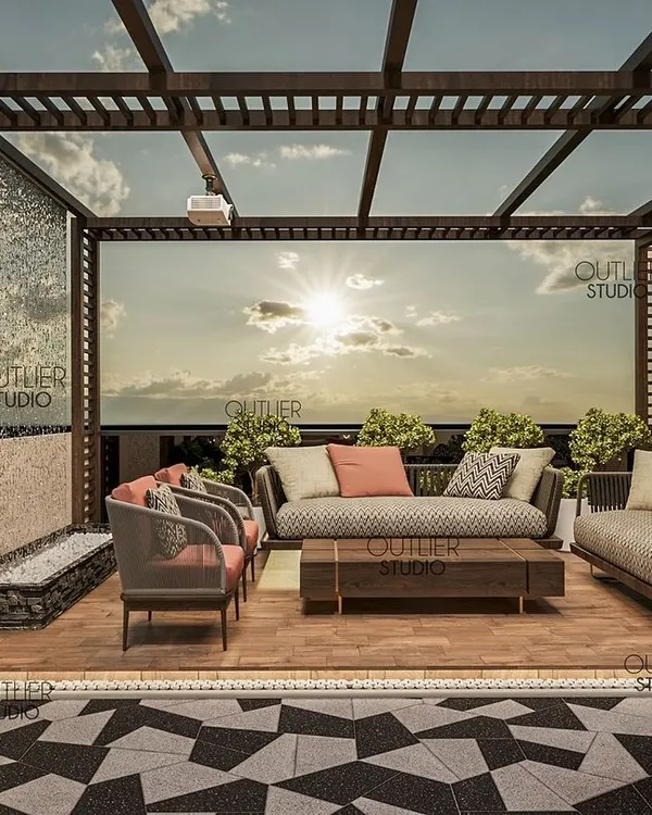 We’re excited to share our latest project: a beautiful party terrace perfect for your next get-together. This space features a pergola-covered seating area, a water fountain wall, and eye-catching flooring.