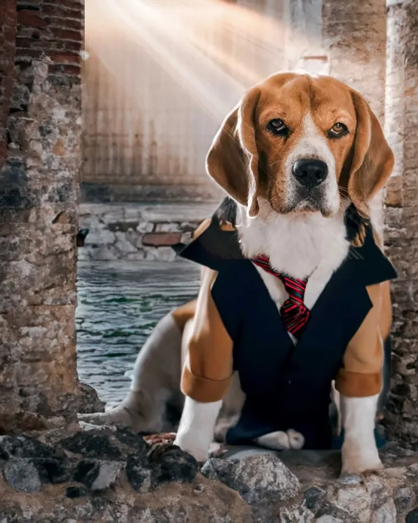 Here is my baccha, Scamp, reimagined as the daring adventurer Mr. Indy Scampy Bones. This AI-enhanced portrait places him in a dramatic, ruin-filled scene, ready for anything.