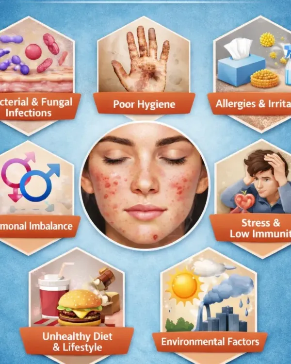 This graphic illustrates the core of my treatment philosophy. Skin diseases are often symptoms of deeper issues like stress, hormonal changes, poor diet, or environmental factors. By addressing these root causes, we can achieve true, long-lasting healing.
