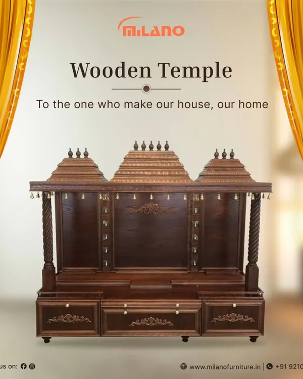 This is a beautiful example of our traditional wooden temples. It features intricate carvings, bells, and ample storage, creating a perfect sacred space for your home.