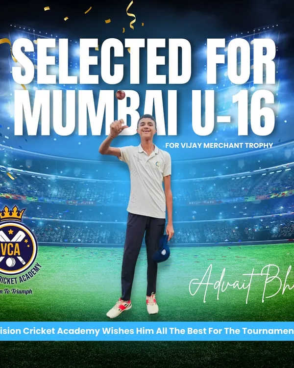 A proud moment for the academy. Advait Bhat's hard work and dedication earned him a spot in the Mumbai U-16 squad for the prestigious Vijay Merchant Trophy.