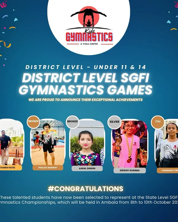 A proud moment for our academy. This graphic celebrates five of my students who were selected for the State Level SGFI Gymnastics Championships after their amazing performance at the district level.