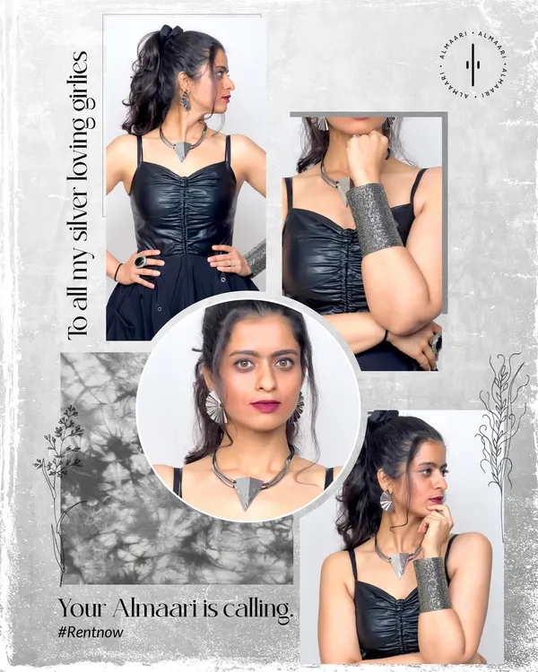 For my silver-loving girls. This collage shows off a bold, oxidized silver jewellery set, including a statement necklace, matching earrings, and a wide cuff. It's perfect for adding an edgy, bohemian vibe to a simple black dress.