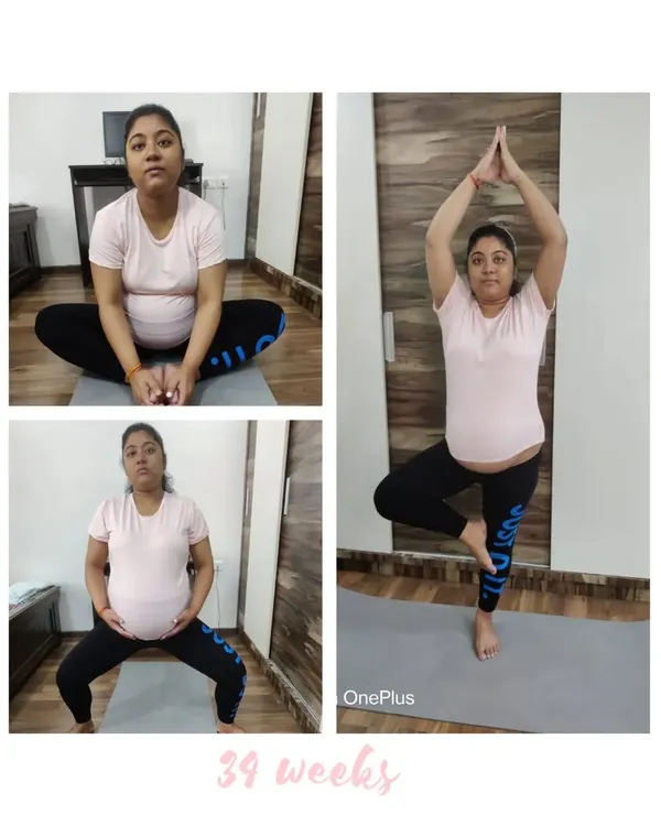 At 39 weeks, this mama is strong and ready. Her practice includes poses like Tree Pose (Vrikshasana) for balance and Goddess Pose (Utkata Konasana) to open the hips.