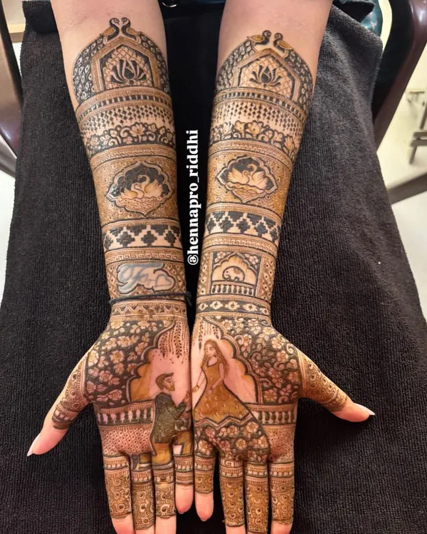 A beautiful engagement henna design capturing the moment he proposed. The portrait work on the palms is surrounded by intricate patterns, making the story the centerpiece of the art.