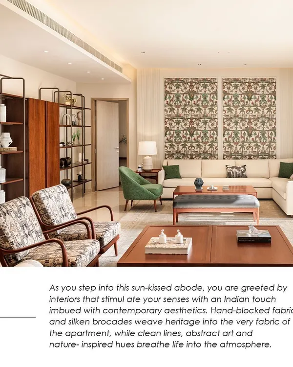 A glimpse into the sun-kissed living area of the Max128 show apartment in Noida. Here, hand-blocked fabrics and silken brocades weave heritage into a contemporary aesthetic, creating a space that feels both modern and timeless.