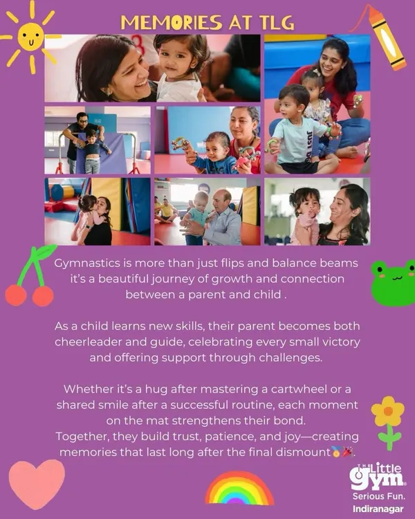 Gymnastics is more than just flips; it's a journey of connection. This collage shows beautiful moments of parents and children learning and growing together, from hugs after a new skill to shared smiles of achievement.