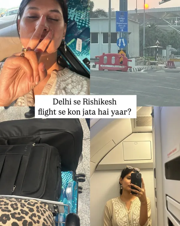 Throwback to the Rishikesh work trip. This collage captures the journey, from the "Delhi se Rishikesh flight se kon jata hai yaar?" moment to the beautiful Ganga aarti. It felt less like work and more like a spiritual workation.