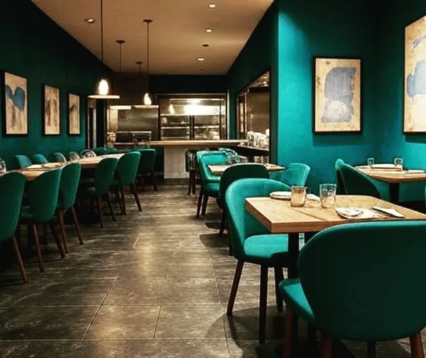 A bold and intimate restaurant interior featuring deep teal walls and matching velvet chairs. The warm lighting and curated artwork create a sophisticated and moody dining atmosphere. Note: Image 67 is a similar view.