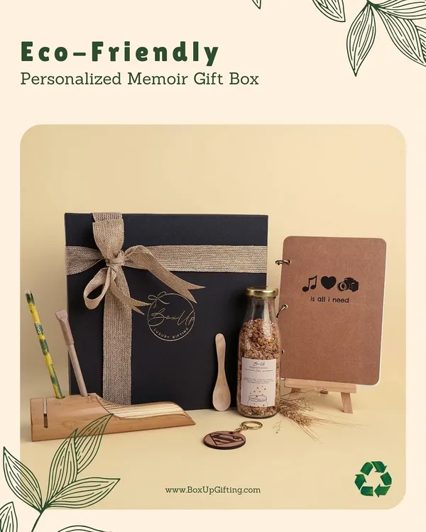 My 'Eco-Friendly Personalized Memoir Gift Box' is thoughtful, stylish, and kind to the planet. It includes a bamboo pen stand, granola, and a notebook with seed paper.