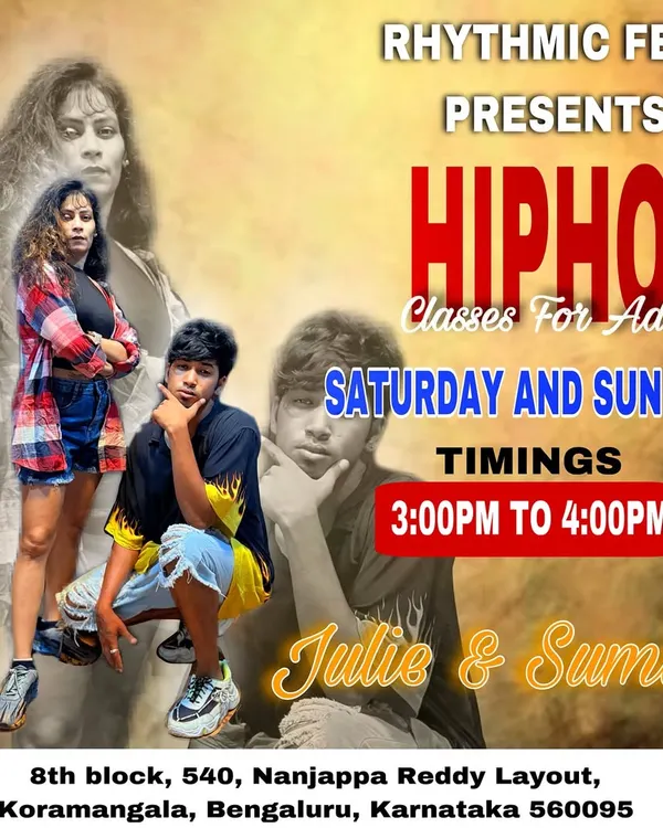 Our weekend Hip Hop classes for adults are taught by instructors Julie and Sumit. This poster gives you all the details to join our next batch and start learning.