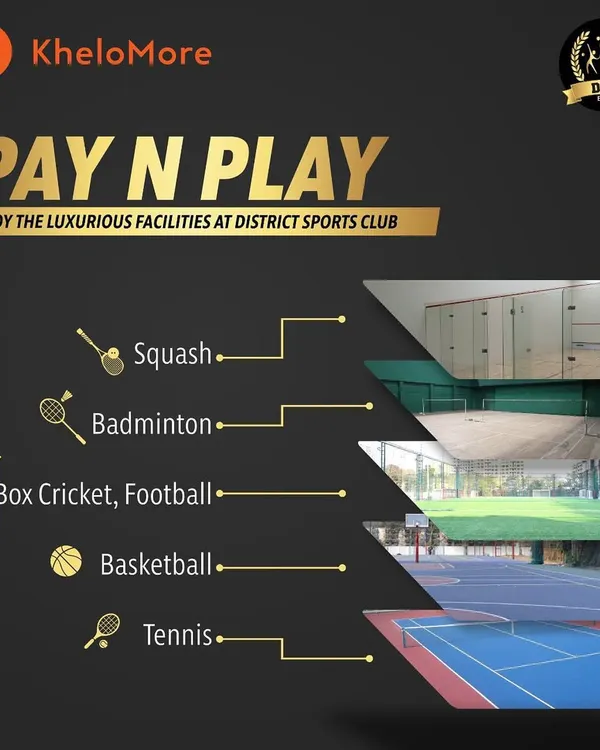 Our Pay N Play model makes it simple to access our facilities. This graphic shows the variety of sports you can book, including squash, badminton, cricket, football, basketball, and tennis.
