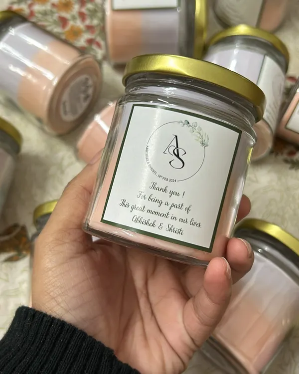 A closer look at our personalized wedding favor candle. We work with you to get the design of the label just right, matching your wedding's style and colors.