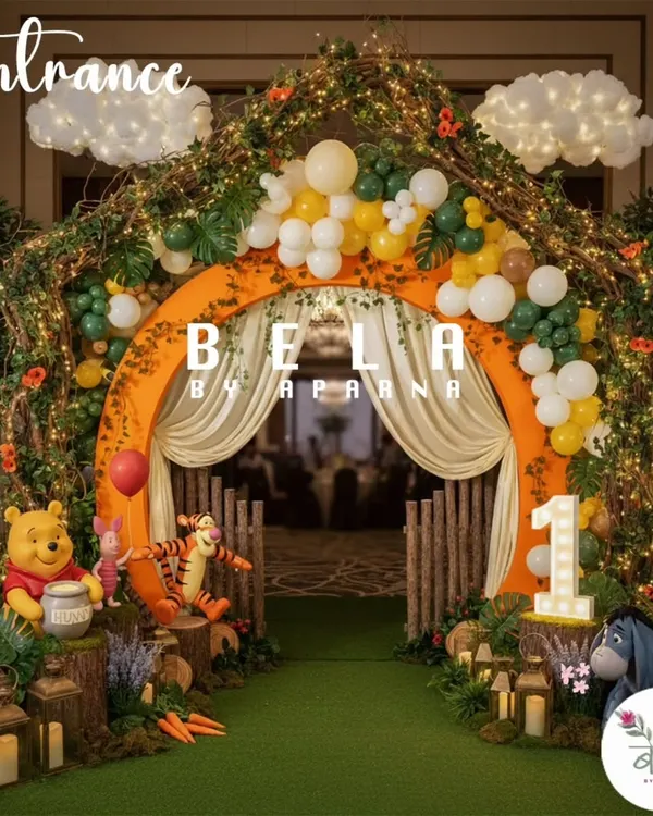 As the hero image for my portfolio, this Winnie the Pooh themed entrance perfectly captures my philosophy. I create a complete world for you and your guests to step into, setting the stage for a magical experience from the very first moment.