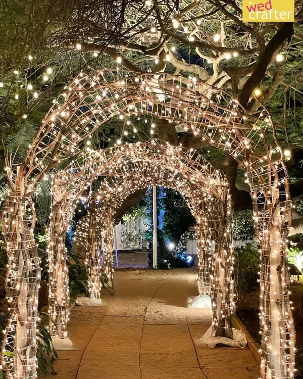 I love creating these starry pathways. This rustic archway is meticulously wrapped in fairy lights, creating a magical tunnel that looks incredible in person and in photos.