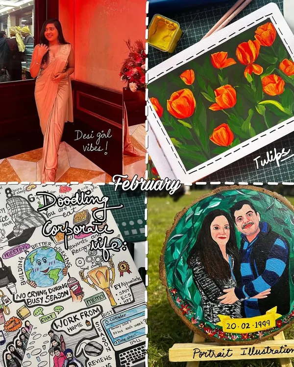 A photo dump from February, featuring a portrait illustration, a tulip painting, and a doodle about corporate life.