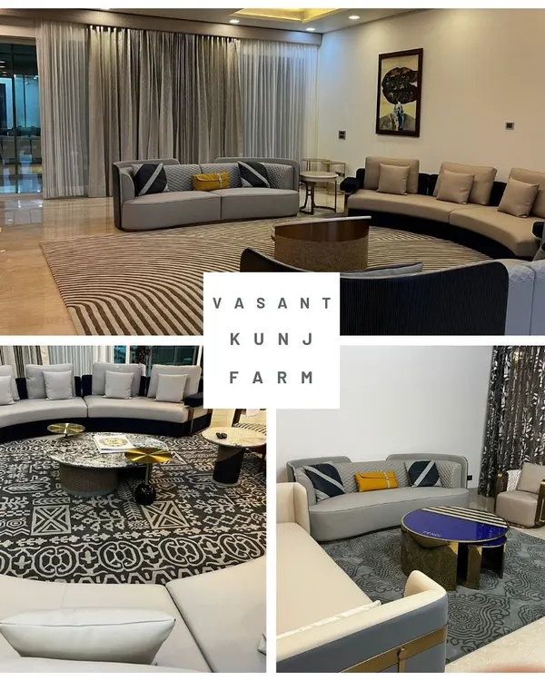 A collage from our Vasant Kunj farmhouse project, showcasing various living areas. We curated bespoke furniture layouts with Navajo-inspired carpets and a modern black-and-white theme to create a home that is both expansive and cozy for a large family.