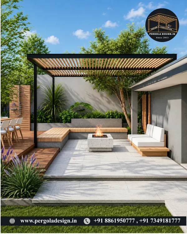 A modern oasis for any backyard. This pergola combines a slatted roof for partial shade with built-in wooden benches and a central fire pit, creating a perfect setting for social gatherings day or night.