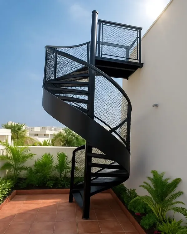 Why use a simple ladder when you can have a statement piece? This custom-built black metal spiral staircase adds a touch of industrial chic and provides stylish access to a rooftop terrace.