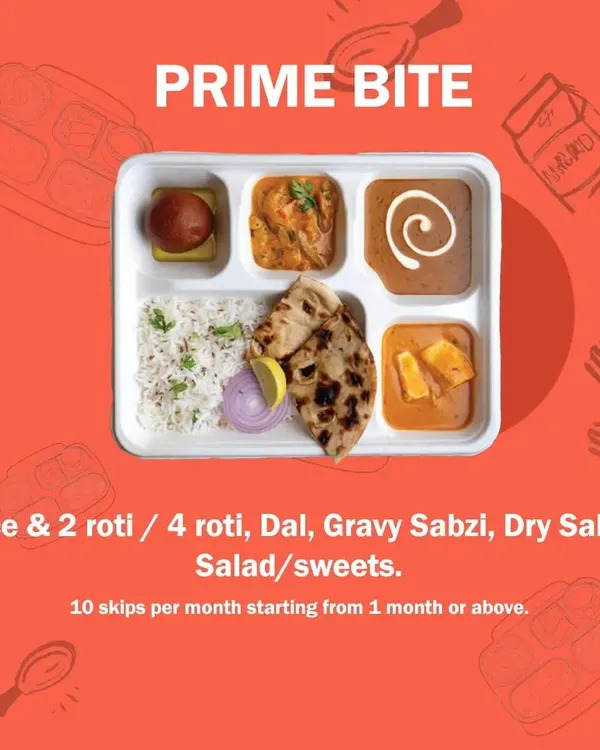 This is our Prime Bite plan, for when you have a big appetite. It includes Rice & 2 Rotis or 4 Rotis, Dal, Gravy Sabzi, Dry Sabzi, and a Salad or Sweet. It's a complete, satisfying meal.