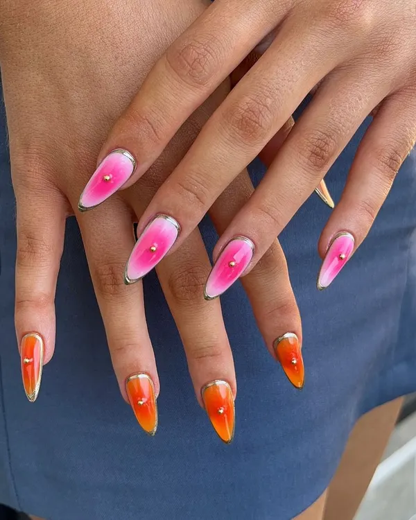 A fiery sunset ombré from orange to pink, finished with a metallic silver outline and a single stud. This look is bold, graphic, and so much fun.