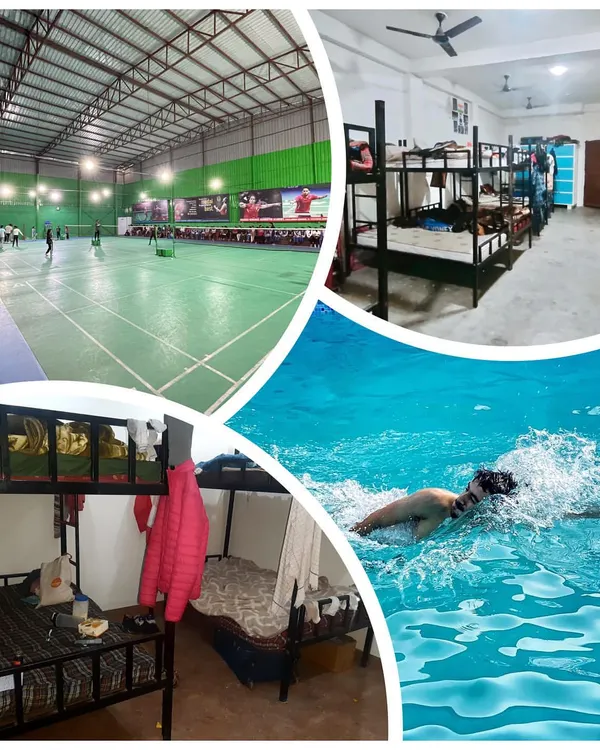 This collage provides a complete overview of our residential facilities. It shows the BWF-approved courts, the functional dormitory living spaces, and the swimming pool used for active recovery.