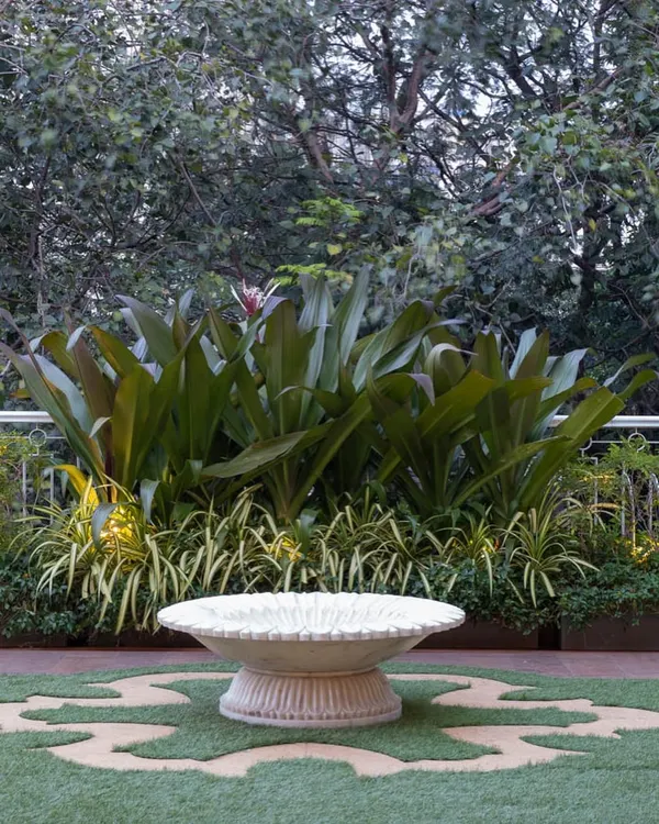 A quiet corner of an urban terrace garden. The large, sculptural bird bath becomes a centerpiece, while a backdrop of tall Crinum lilies adds a tropical feel and provides privacy from neighboring buildings.