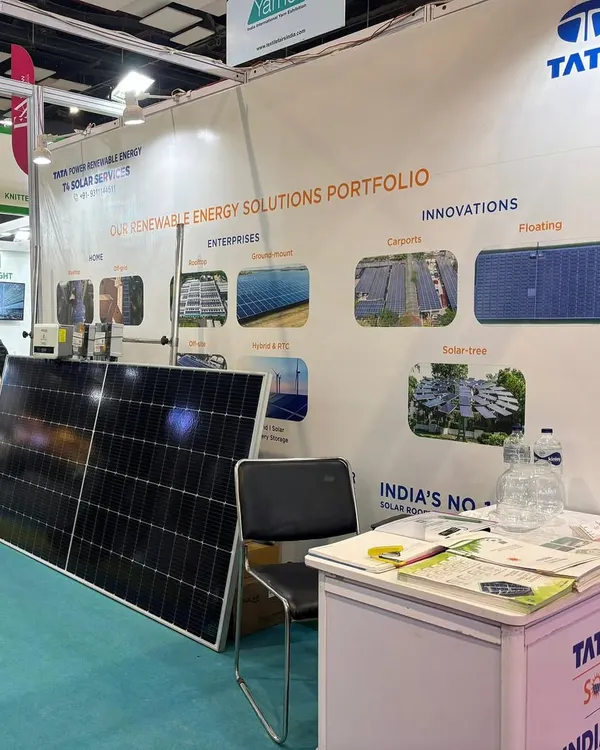 Our booth at the Pragati Maidan expo, showcasing our renewable energy solutions portfolio. We display Tata Power Solar panels and provide information on various innovations like carports and floating solar.