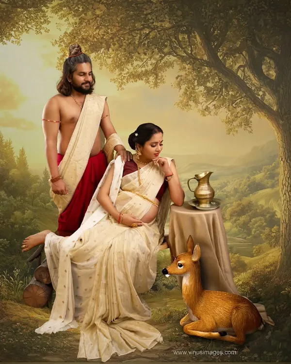 I transform your maternity journey into a piece of art that feels like it's straight out of a classic painting. This Ram-Sita inspired portrait captures the divine love and anticipation of parenthood, blending heritage with your personal story.