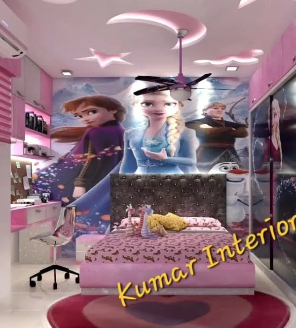 A magical "Frozen" themed bedroom designed for a young princess. The room features a custom mural of Elsa and Anna, a themed bed, and a pink and white color scheme that brings the fairytale to life.