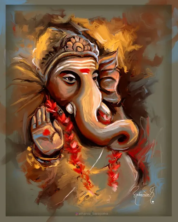 An expressive and artistic portrait of Lord Ganesha. I used bold, abstract brushstrokes and warm colors to create a modern yet devotional piece that captures his divine essence.