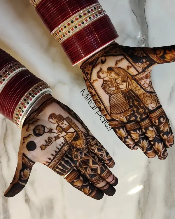 A classic Karwa Chauth design featuring a couple's portrait on one hand and a woman with a pot on her head on the other. The red bangles add a traditional touch.