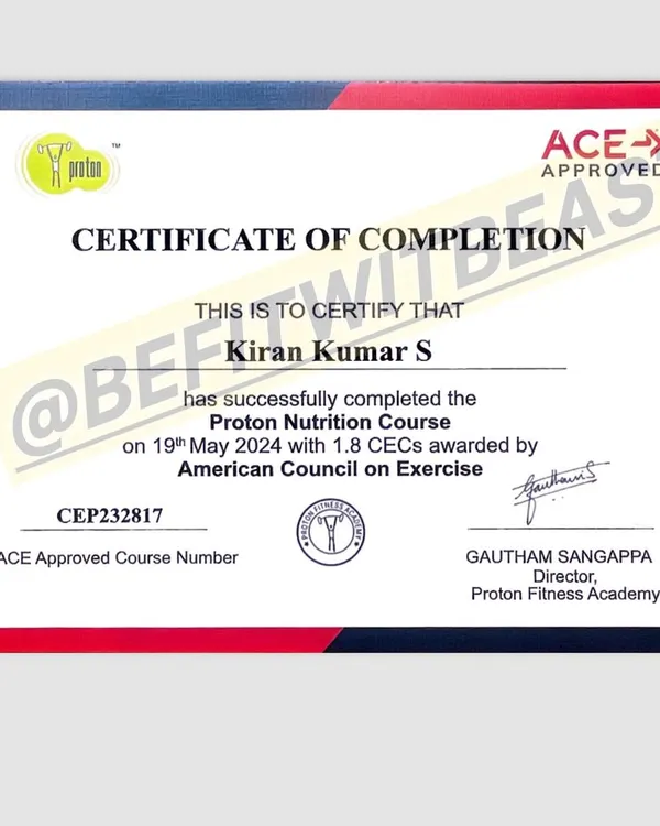 I am committed to my own education to better serve my clients. This is my certificate for completing the Proton Nutrition Course, approved by the American Council on Exercise (ACE).