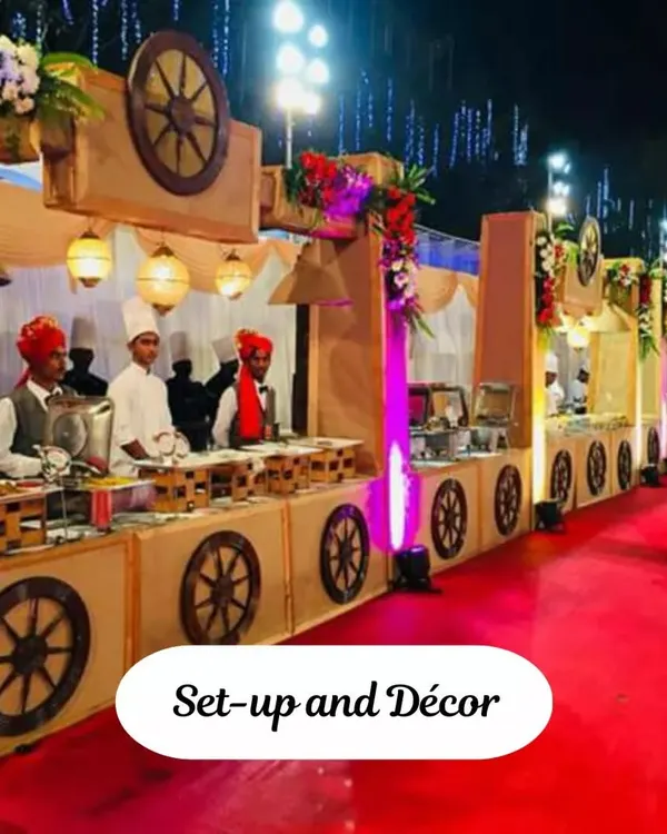 I love creating a full 'Shaadi waala' experience, and this grand buffet setup is a perfect example. We designed the counters with traditional cart-wheel themes and lighting to match the event's decor, ensuring the food presentation was as memorable as the taste.