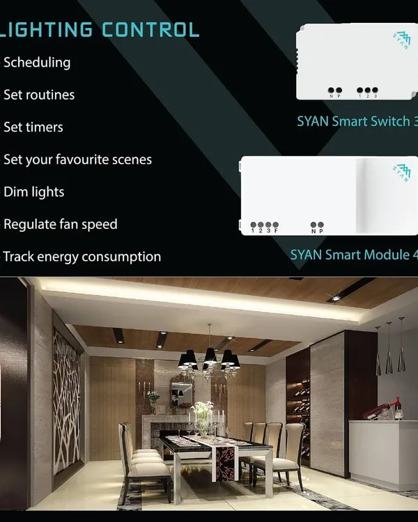 My lighting control modules, the Smart Switch and Smart Module, offer a wide range of features. You can schedule lights, set routines and timers, dim lights to create scenes, regulate fan speed, and track energy consumption.