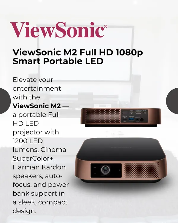 This graphic highlights the ViewSonic M2, a smart portable LED projector. Its compact design and Full HD 1080p resolution make it a versatile choice for high-quality visuals in various room sizes.