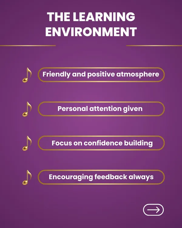 This graphic outlines the key elements of our learning environment. I ensure a friendly and positive atmosphere with personal attention, a focus on confidence building, and encouraging feedback in every class.