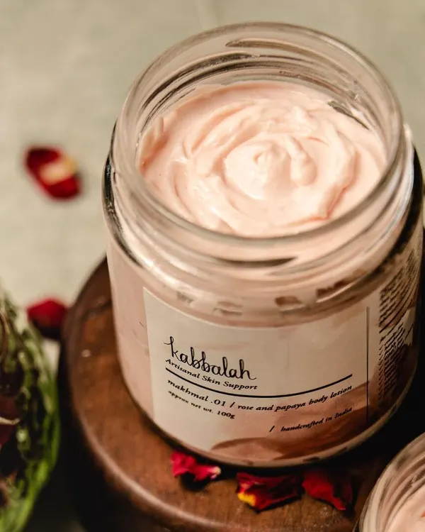 This is my 'Makhmal' Rose and Papaya body lotion, whipped into a beautiful rosette. It’s a lightweight, non-greasy formula that uses rose water and papaya extract to hydrate and brighten the skin.