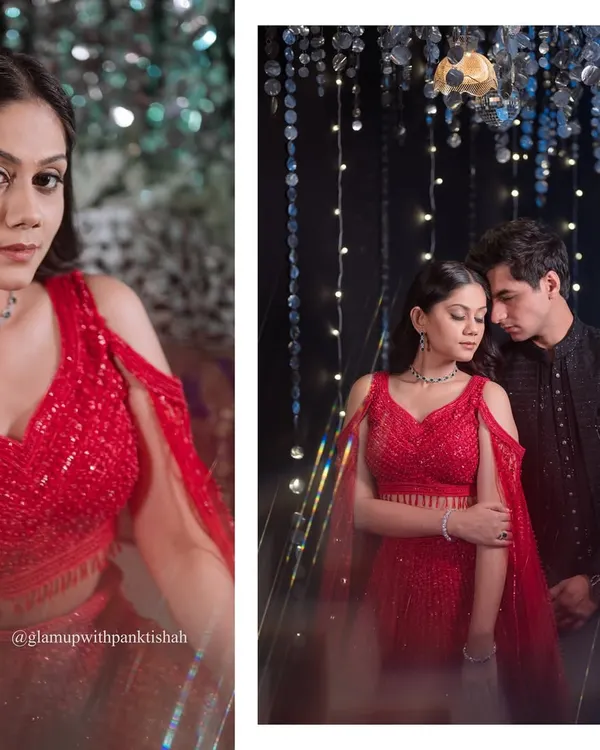 A stunning sangeet look featuring a sequined red outfit. The makeup is a subtle glam with defined eyes and a warm, glowing complexion, perfect for a night of celebration and capturing romantic couple portraits.