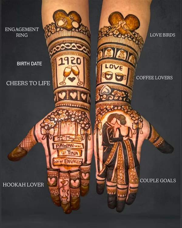 This is the ultimate love story mehendi, with every detail customized for the couple. It includes their portraits, birth year, shared interests like coffee and hookah, and important dates, all woven into a beautiful design.