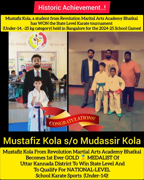 A historic achievement for our academy and Bhatkal. Mustafiz Kola became the first-ever gold medalist from the Uttar Kannada District to qualify for the National-Level School Karate Sports after winning the State Level tournament.