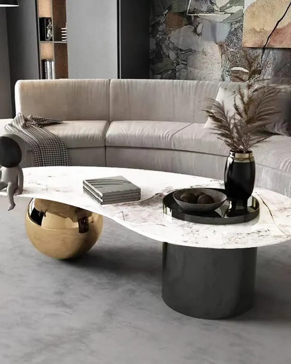 The Retro Fusion center table combines a bold, modern aesthetic with practical design. Its unique curved shape and contrasting black and gold base create a dynamic focal point, while the expansive artificial marble top is perfect for everyday use.