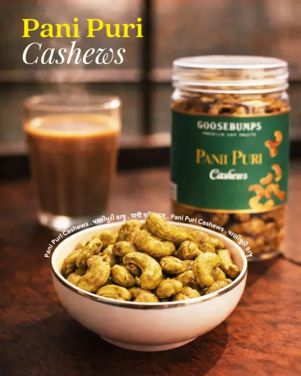 I've captured the tangy, spicy flavour of street-side pani puri in these roasted cashews. This is one of my favourite chaat-inspired nuts, served here in a simple bowl, ready to be enjoyed with a hot cup of chai.