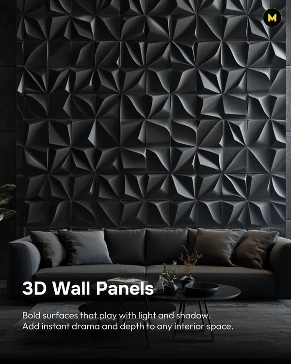 3D wall panels are perfect for creating a dramatic statement. These bold, black panels play with light and shadow, adding instant depth and a powerful modern feel to this living room.