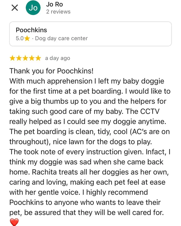 This review made our day! We know how apprehensive it can be to leave your baby for the first time. Our 24/7 CCTV access and loving care are all designed to give you peace of mind.