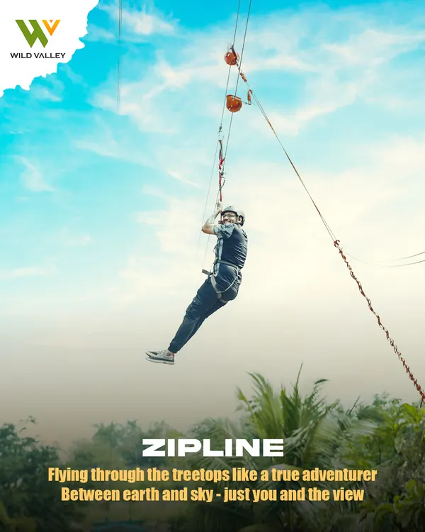 A guest enjoying the zipline, flying through the treetops at our Adventure Retreat. It's an exhilarating experience that gives you a unique bird's-eye view of the entire resort.