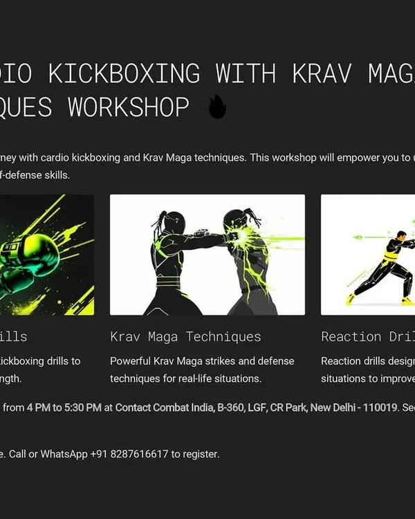 My Cardio Kickboxing with Krav Maga workshop is a high-energy fusion of fitness and self-defense. You will burn fat, build strength, and learn real-world striking techniques in one power-packed session.