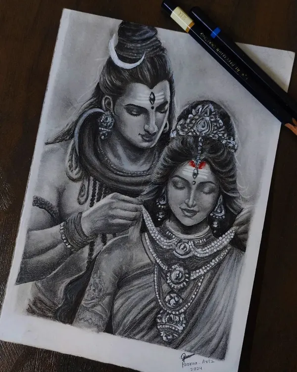 A complete hyper-realistic charcoal and graphite drawing of Shiva and Parvati, capturing a serene and divine moment. This piece shows the incredible detail and emotion I can achieve in my black and white mythological artwork.