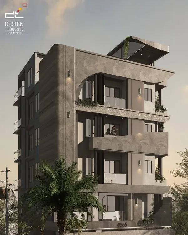 A closer look at the G+3 contemporary residence, highlighting the inverted L-shaped concrete form and marble texture finishes. We integrated green pockets to soften the bold geometry and enhance the connection to nature.