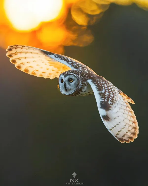This is the kind of shot that takes serious patience. I waited for the perfect moment to catch this Spotted Owlet in flight, with the setting sun creating that beautiful bokeh effect in the background. This is what golden hour wildlife photography is all about.